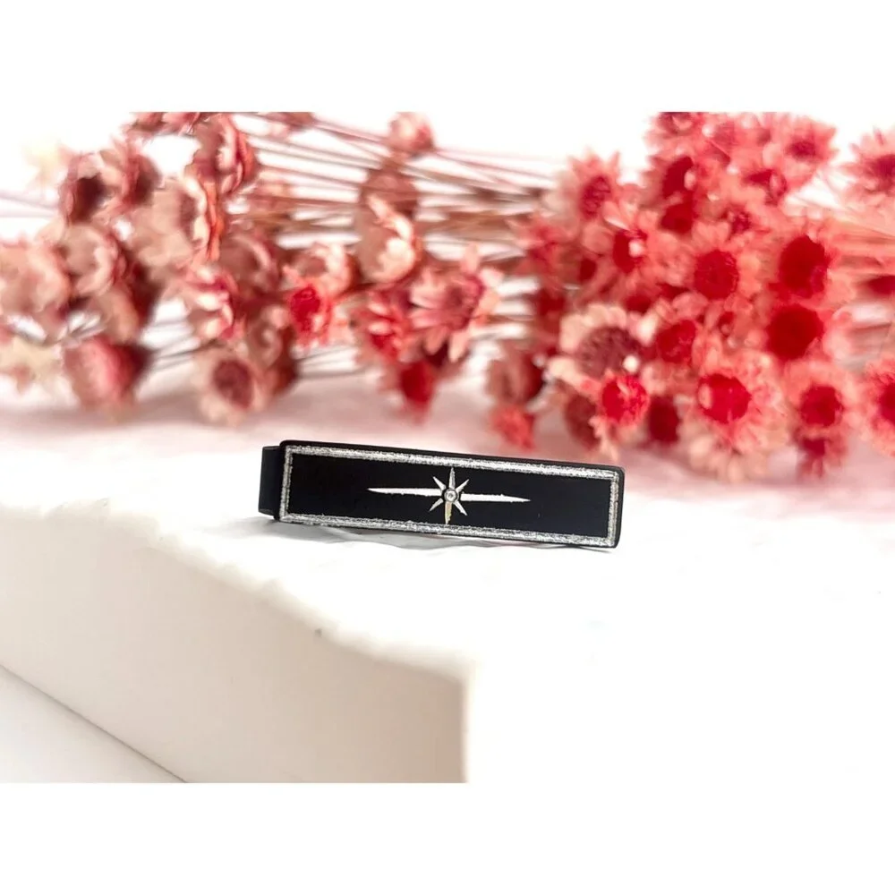 Anson Designer Starburst Black Enamel Silver T Vintage Men's Tie Bar | Tie Clip